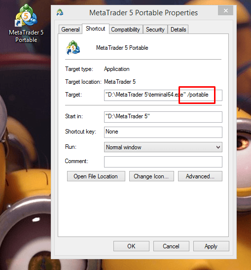 MetaTrader 5 - Portable Mode Shortcut